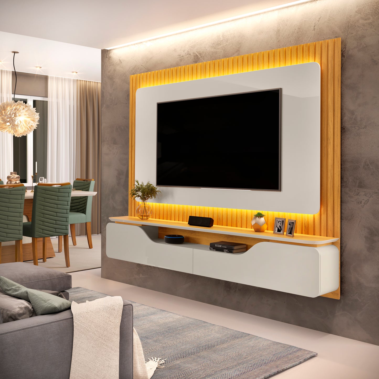 Panel TV 70" Treviso Off White Cedro Ripado Altavisión