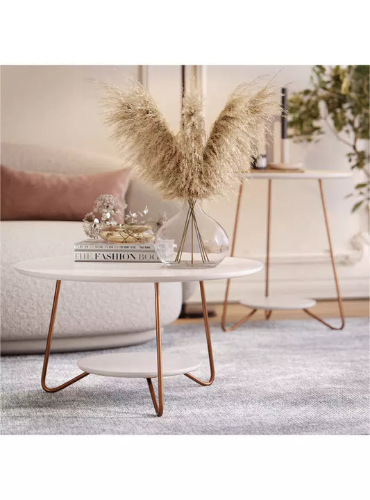 Mesa de Centro Redonda + Mesa Lateral Liz Off White Altavisión