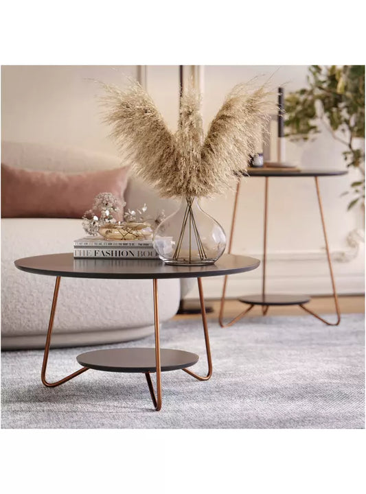 Mesa de Centro Redonda + Mesa Lateral Liz Negro Altavisión