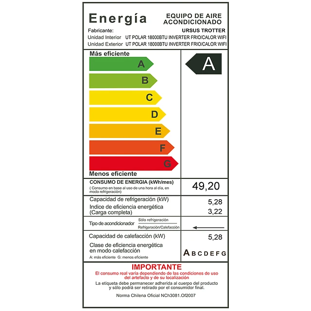 Aire Acondicionado Split Polar 18000 BTU Inverter Wifi Ursus Trotter