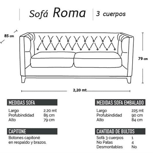 Sofá 3 Cuerpos Roma Velvet Gris Latam Home