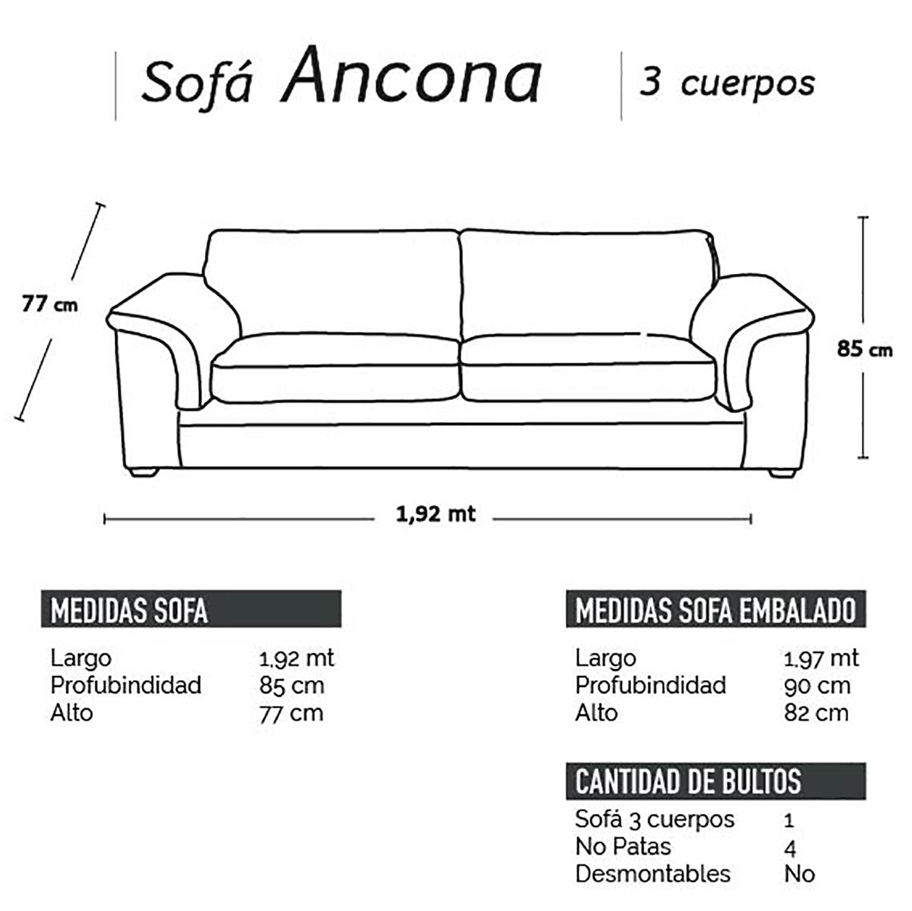 Sofá 3 Cuerpos Ancona PU Grano Chocolate Latam Home
