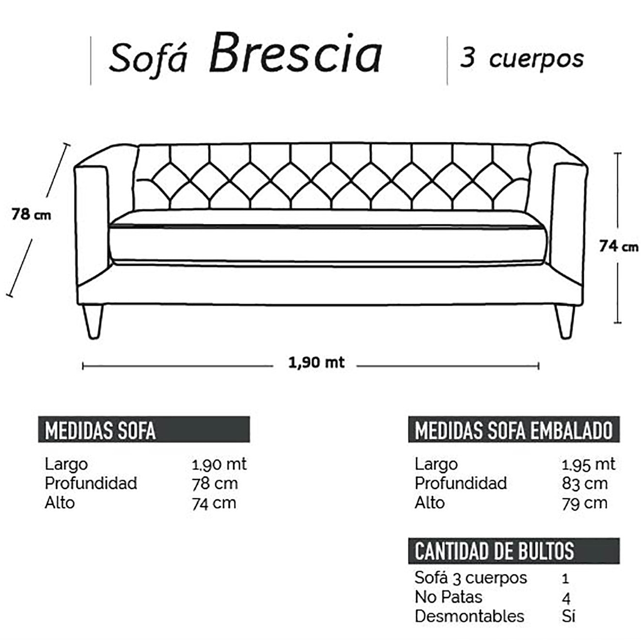 Sofá 3 Cuerpos Brescia Velvet Gris Latam Home