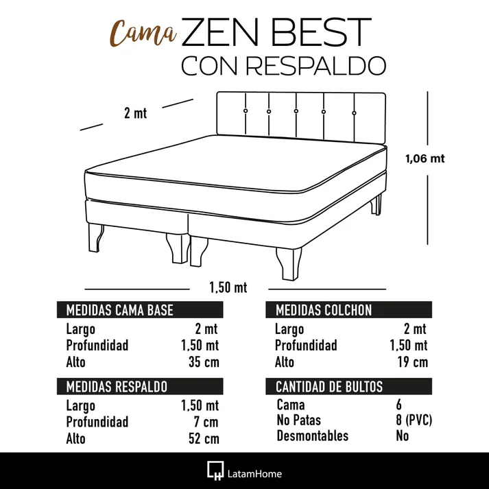 Cama Europea Zen Best 2 plazas + Respaldo Velvet Negro Latam Home