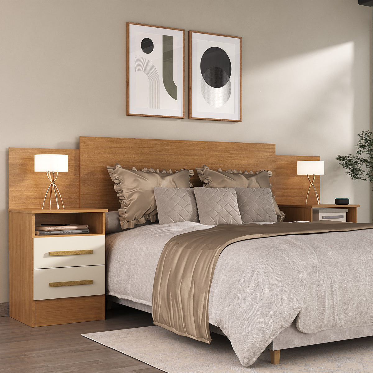 Respaldo Elena 2 Plazas 2 Veladores Cinamomo/Off White Altavisión