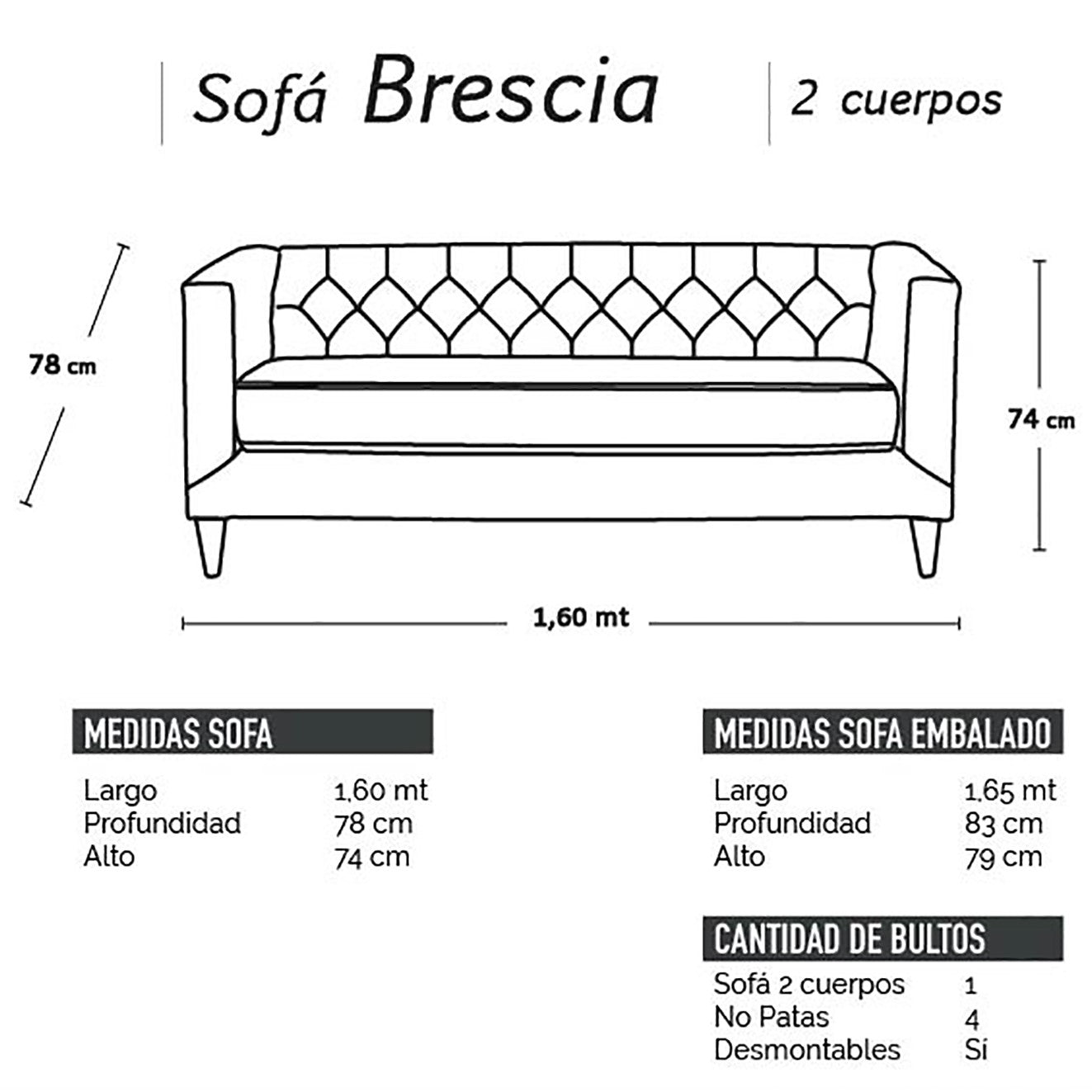 Sofá 2 Cuerpos Brescia Velvet Gris Latam Home